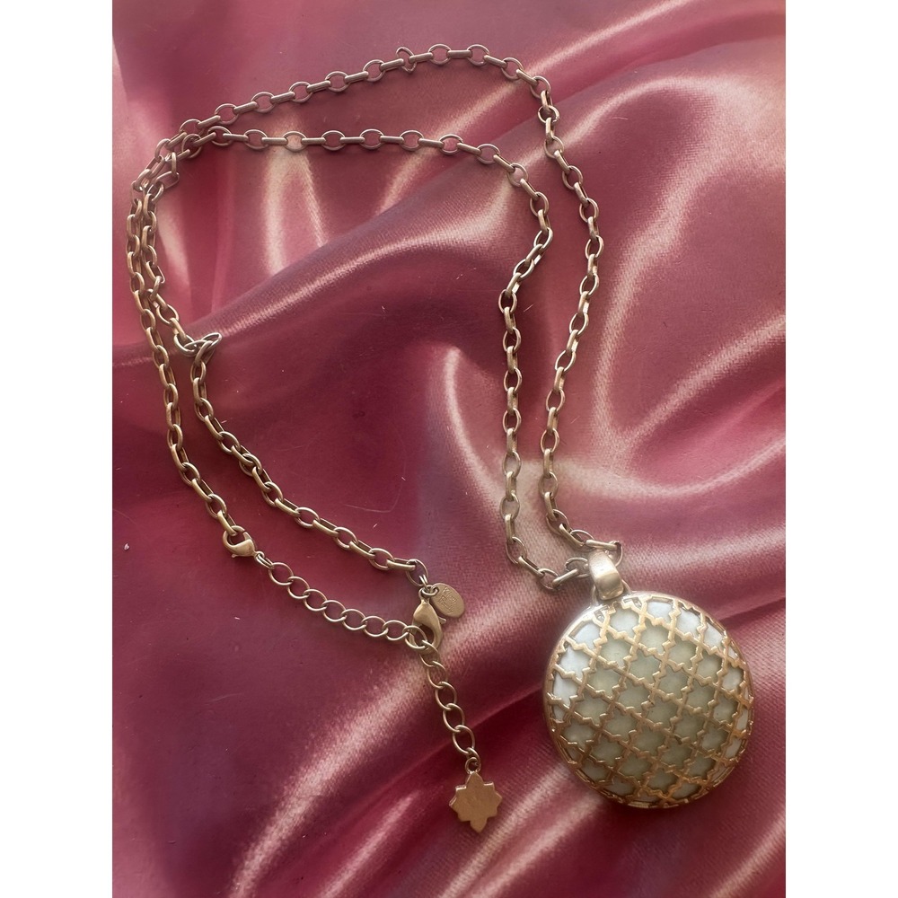 Lia Sophia Kiam Family Necklace Gold Tone Medallion Pendant Green Enamel Lattice